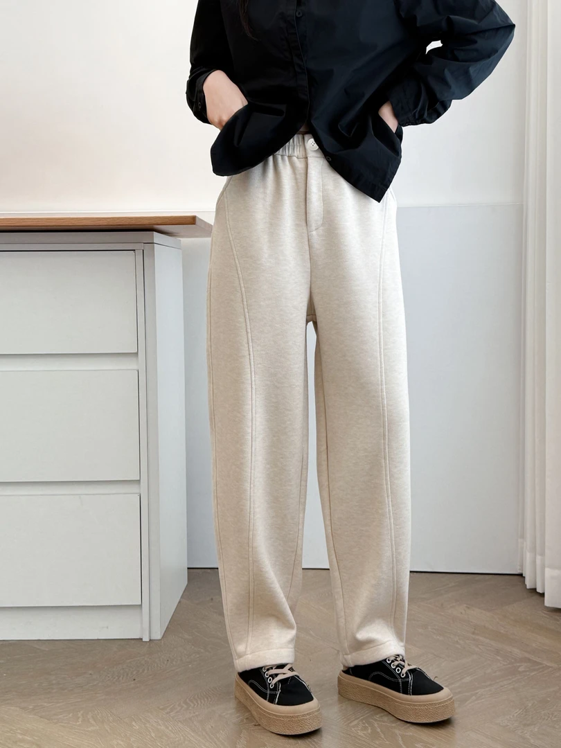 加厚绒裤镰刀裤百搭宽松长裤休闲裤口袋秋冬灰色九分裤