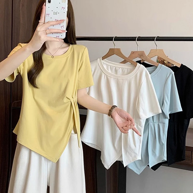 大码短袖t恤女夏季收腰显瘦不规则上衣微胖MM小众设计感开叉体恤