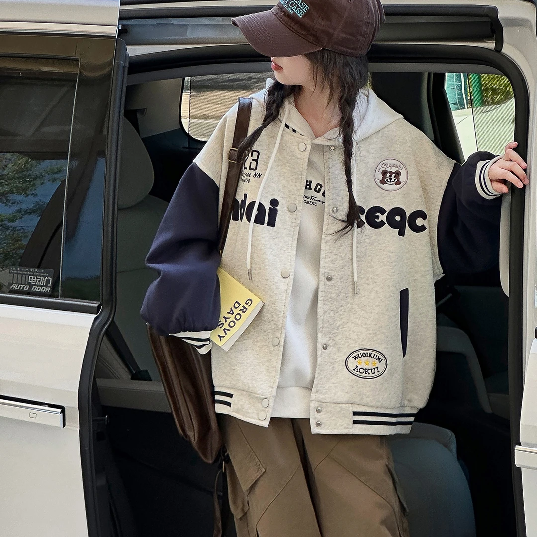 女童美式复古时尚棒球服宽松百搭帅气休闲风绣花小熊外套开衫上衣