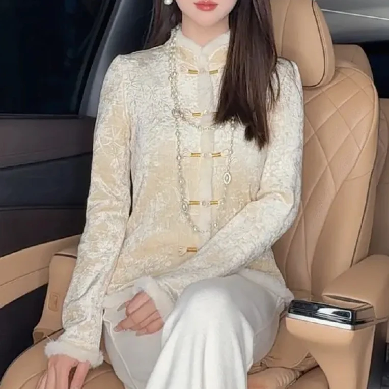 新中式加绒加厚改良盘扣收腰衬衫女冬季国风复古新款上衣穿搭衬衣