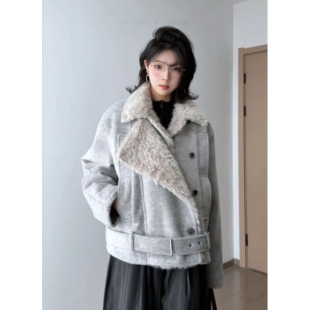 MADWITCH复古高级感双排扣毛领棉服男女冬季休闲混纺保暖短款外套