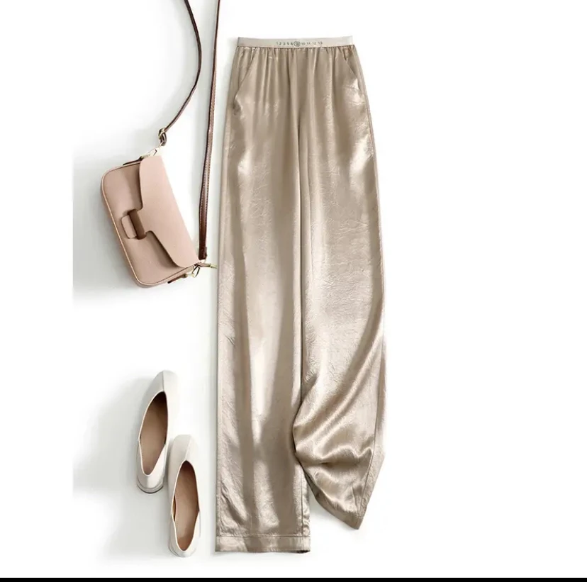 法式轻奢宽松垂感醋酸压皱透气阔腿裤女夏季薄款高腰直筒西装长裤