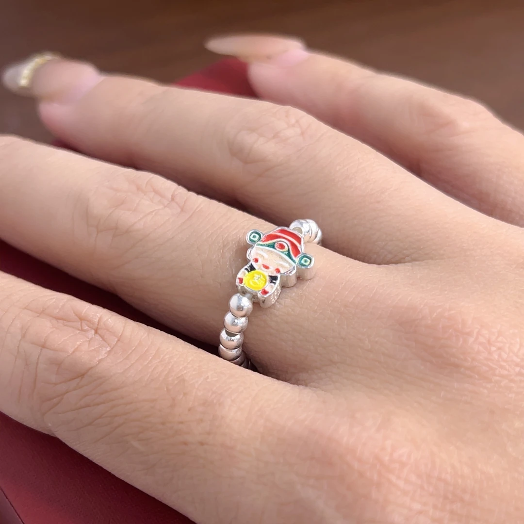 足银珐琅戒指 纯银999小财神国潮珐琅戒指国潮银珠戒指时尚弹力