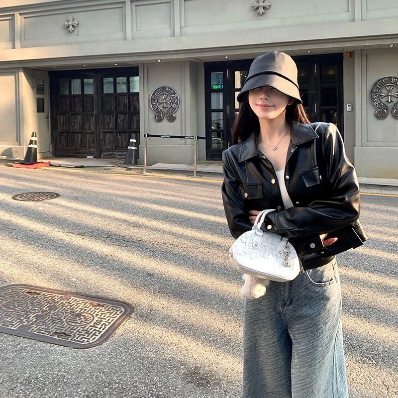 titi小姐姐【休斯顿街区】皮衣外套女秋季黑色机车风短款正肩夹克