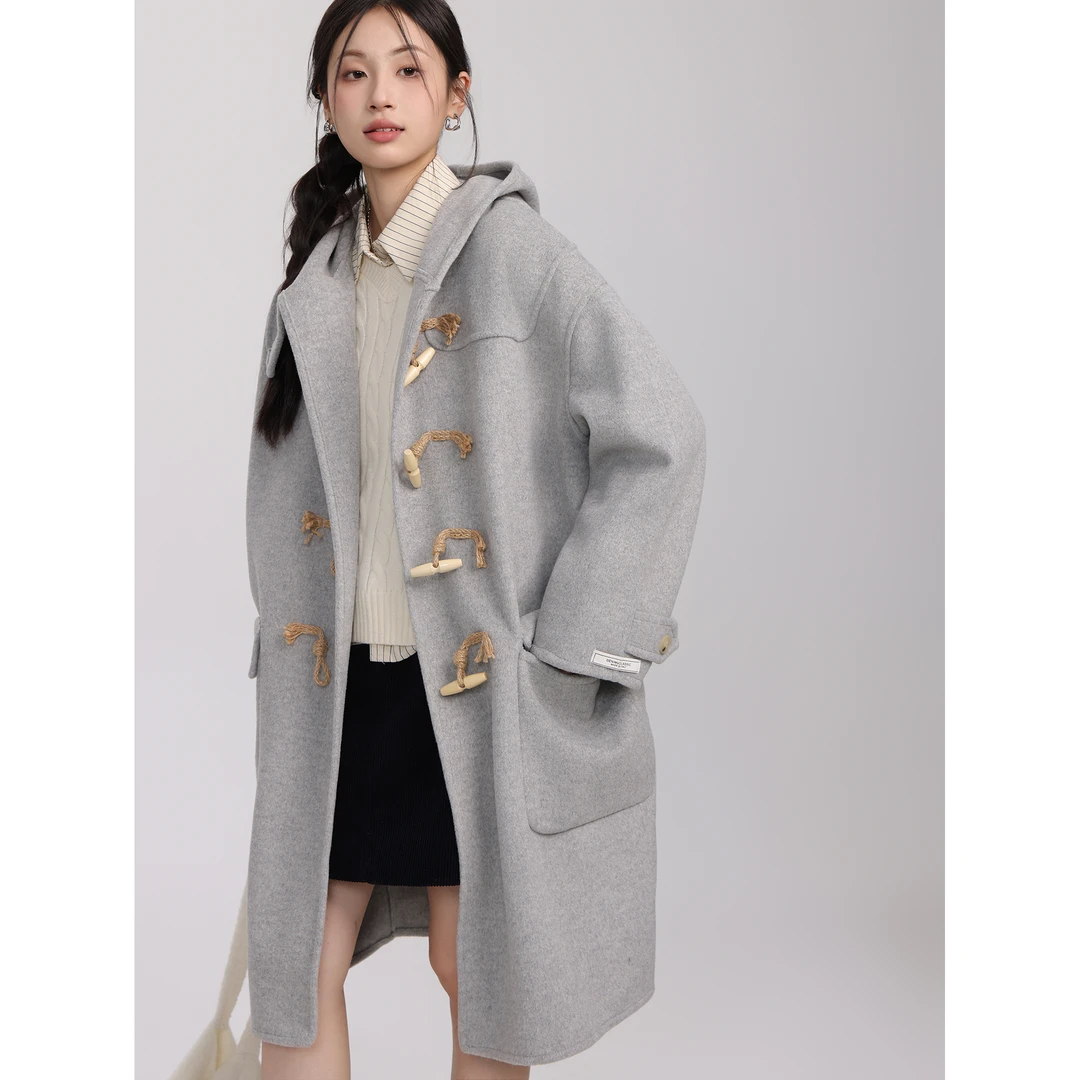 Creamsu叙白 自制牛角扣毛呢大衣女2025春连帽复古中长款呢子外套