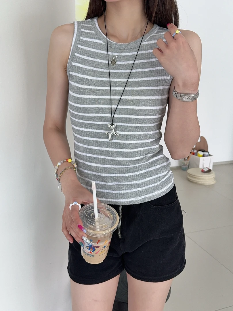 「韩国坑条」不，退换修身短款显瘦条纹背心412