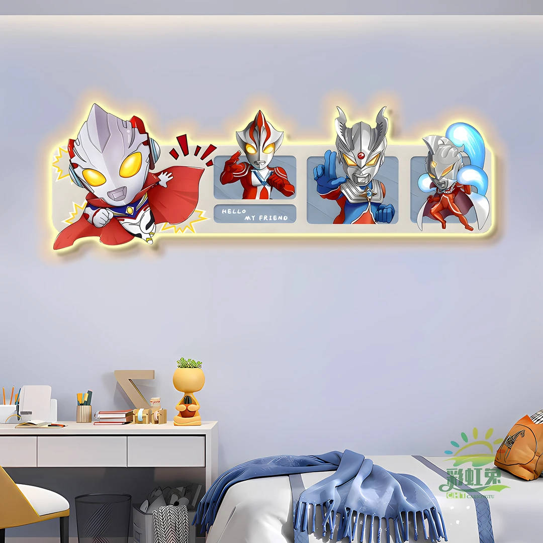 儿童房装饰画男孩房间床头挂画卧室背景墙画奥特曼迪迦LED发光画