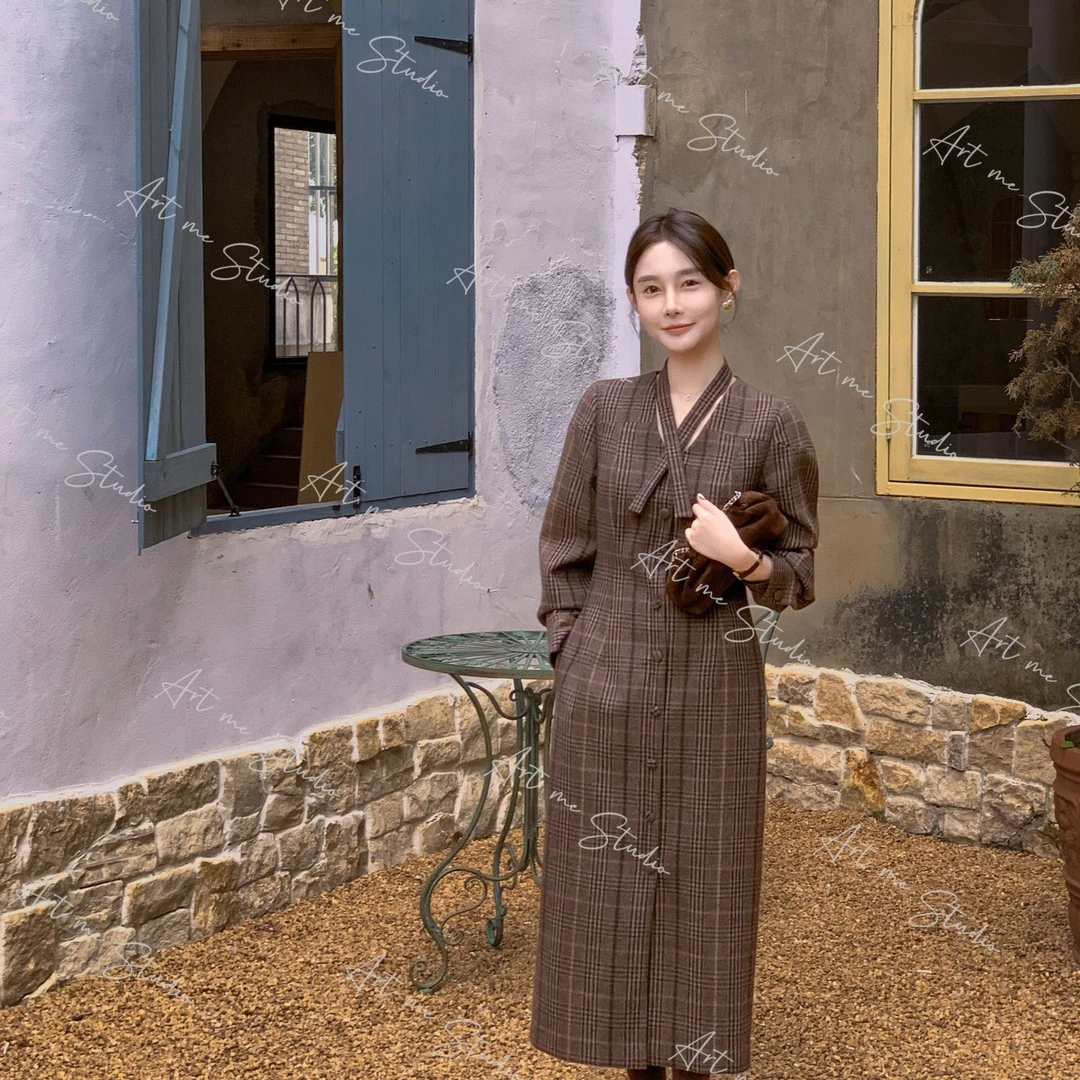 【ART ME】羊毛混纺法式经典复古浪漫格纹收腰连衣裙w1874j2
