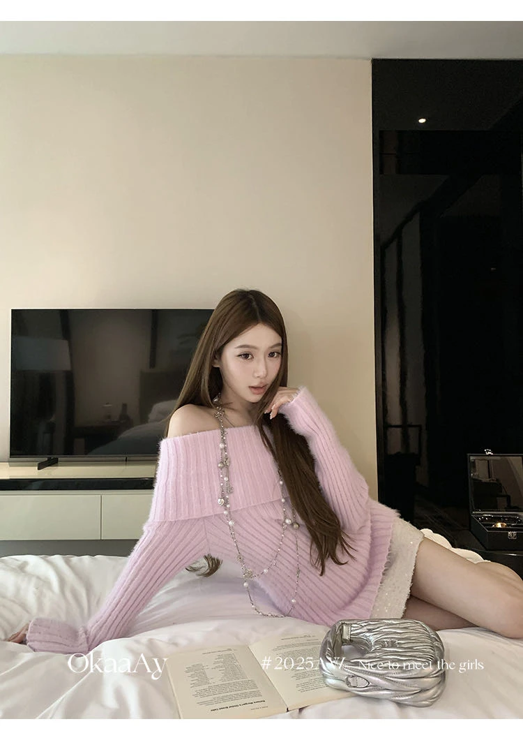 女针织简约通勤简约长袖毛针织衫上衣一字肩慵懒半裙时尚两件套女