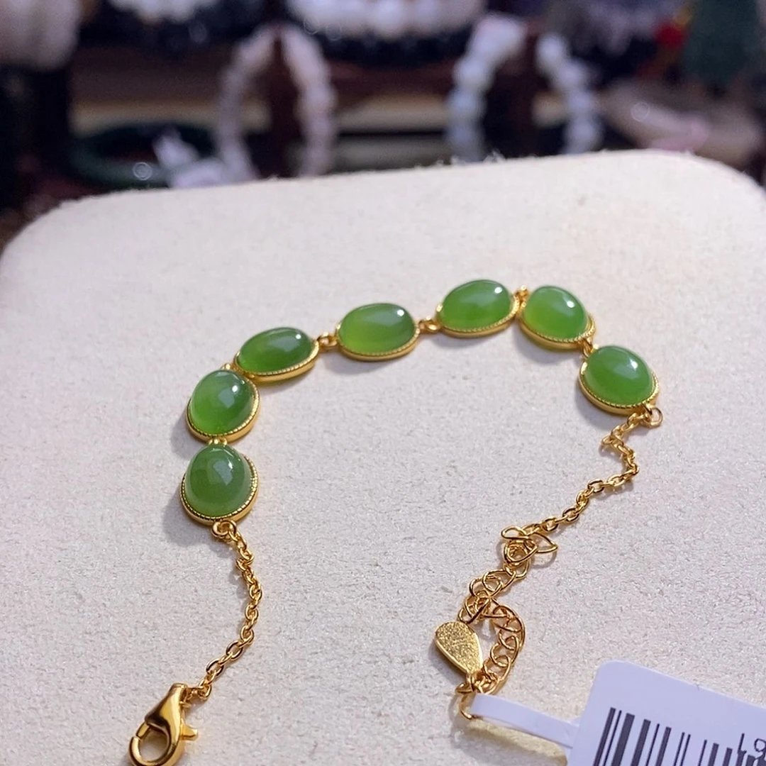 颈饰未镶嵌和田玉碧玉银镶蛋面手链