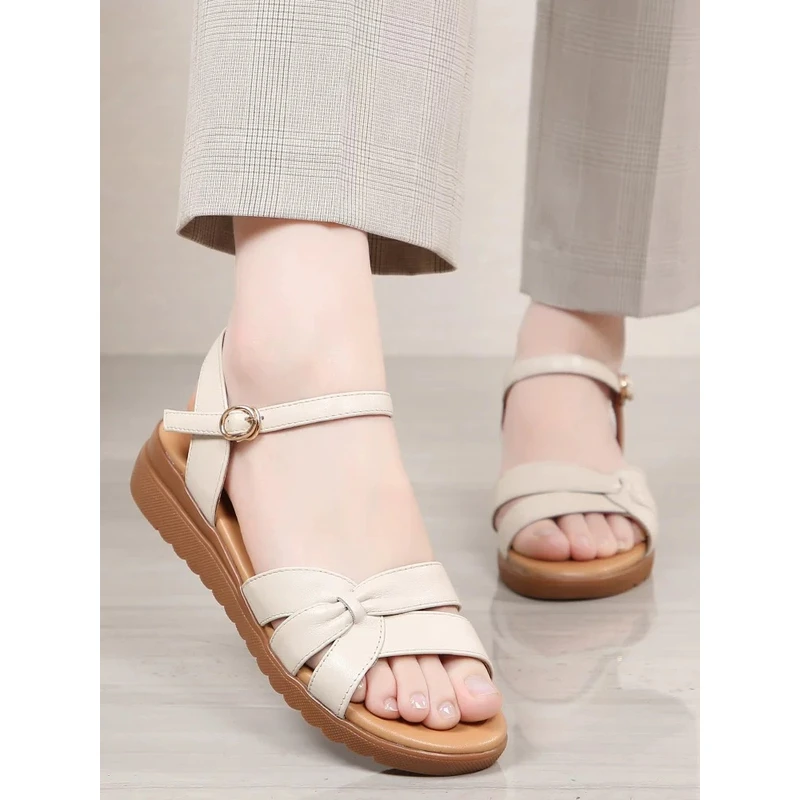 真皮凉鞋女夏季牛筋底妈妈鞋坡跟软底老人鞋大码中年妇女鞋0321