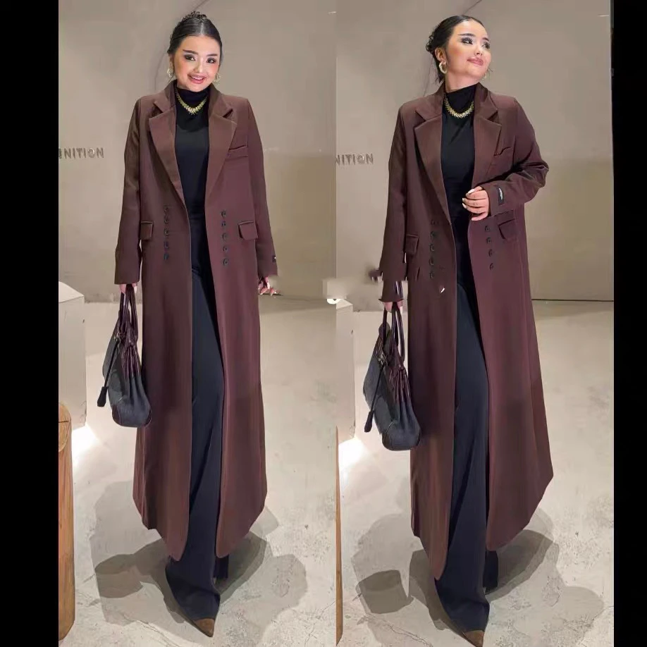 8398-D1-10-2长款西装外套女复古高级感秋冬保暖气质显瘦通勤风衣