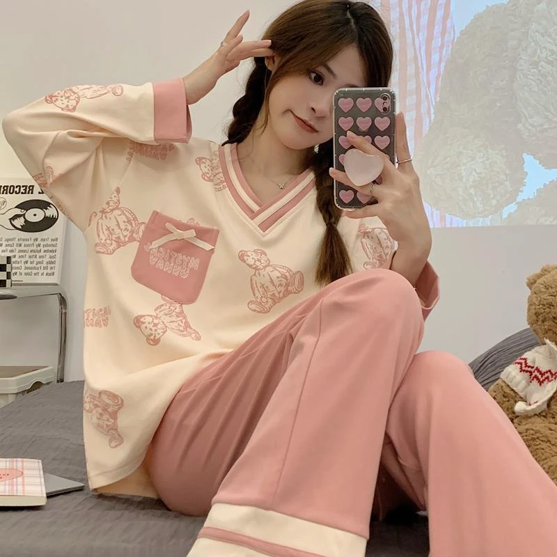 FAVMARTHA睡衣女春秋季韩版长袖长裤秋款套装可外穿秋秋冬款女款