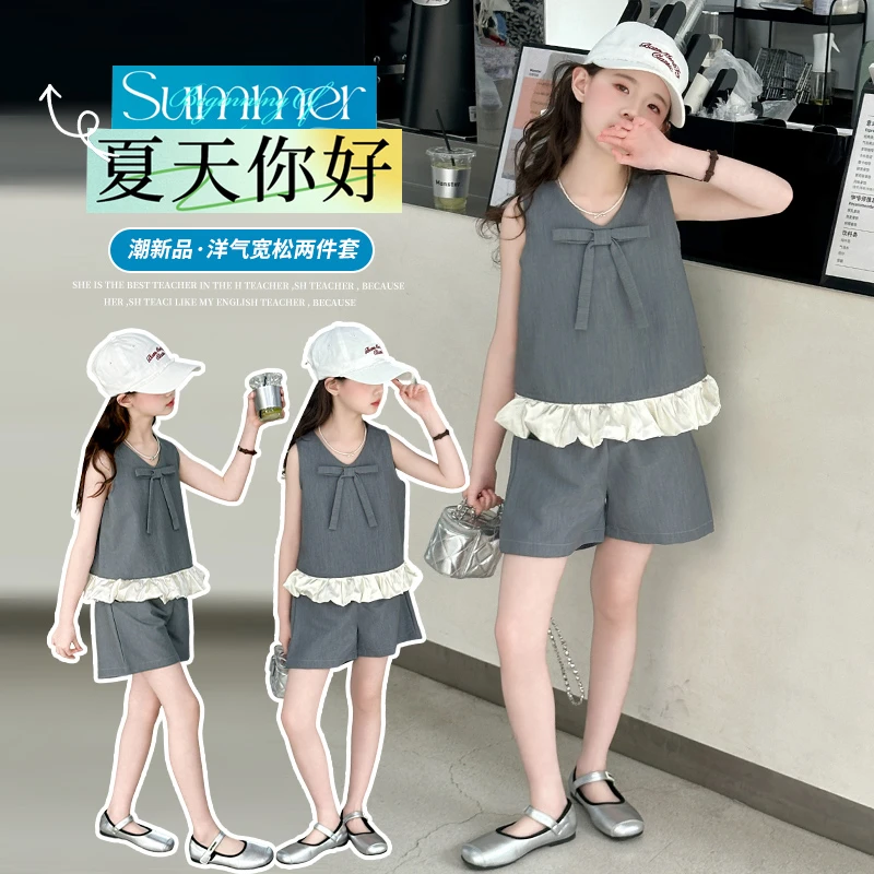女童夏装无袖西装套装6-12岁小女孩网红洋气时尚夏季宽松短裤15岁