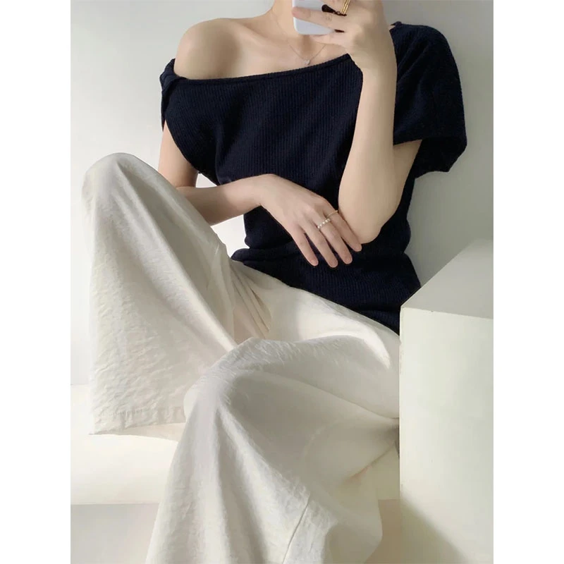 2025夏季新款斜肩性感不规则短袖上衣白色垂感休闲阔腿裤两件套女