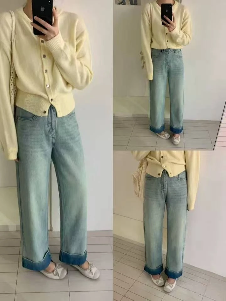高腰显瘦卷边直筒牛仔裤88367