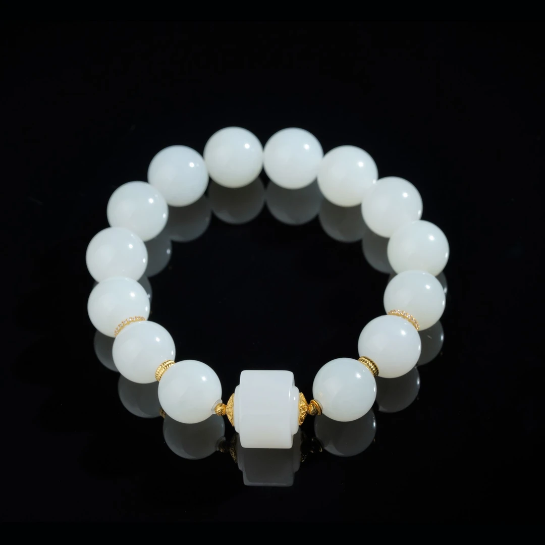 【鹿鸣】方寸 | 18k金和田玉白玉圆珠手串 12mm p168