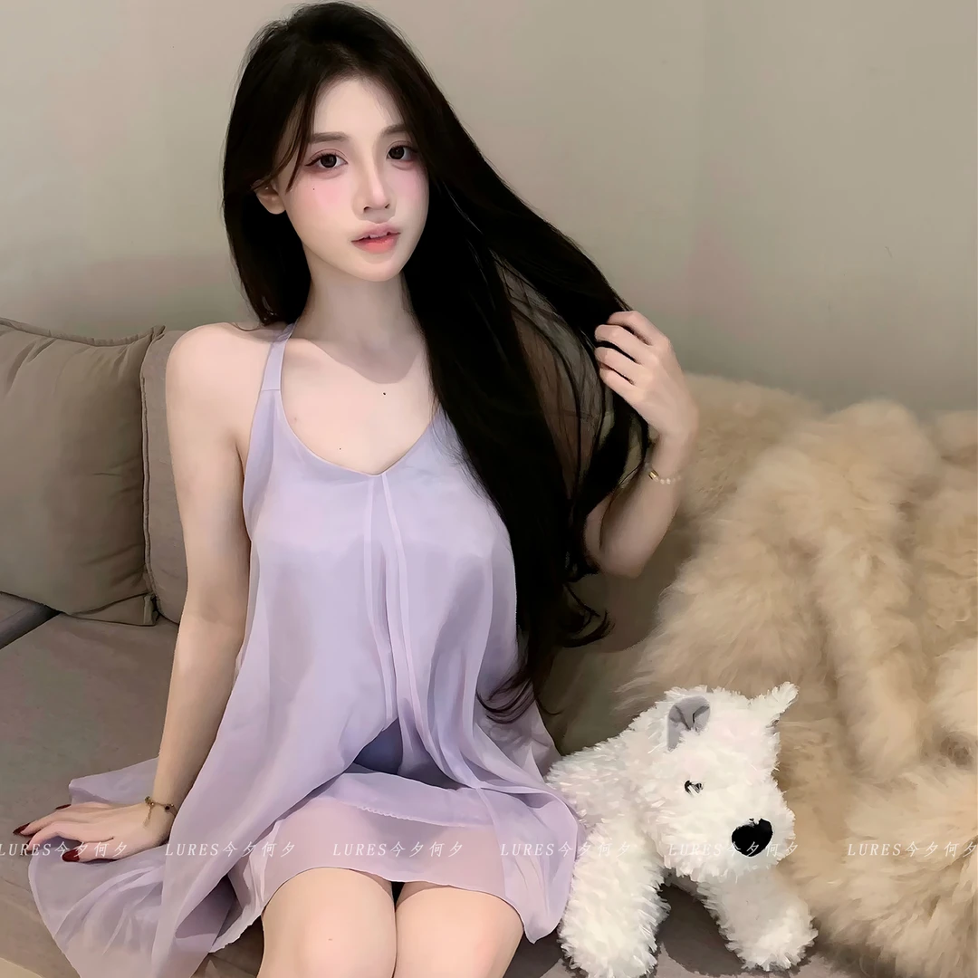 今夕何夕 赵露思同款无袖女高级感2024新款性感睡衣挂脖吊带睡裙