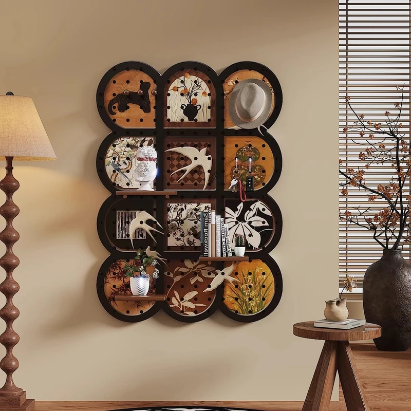 现代木雕创意洞洞板挂饰装饰画客厅餐厅背景壁饰挂画玄关置物架