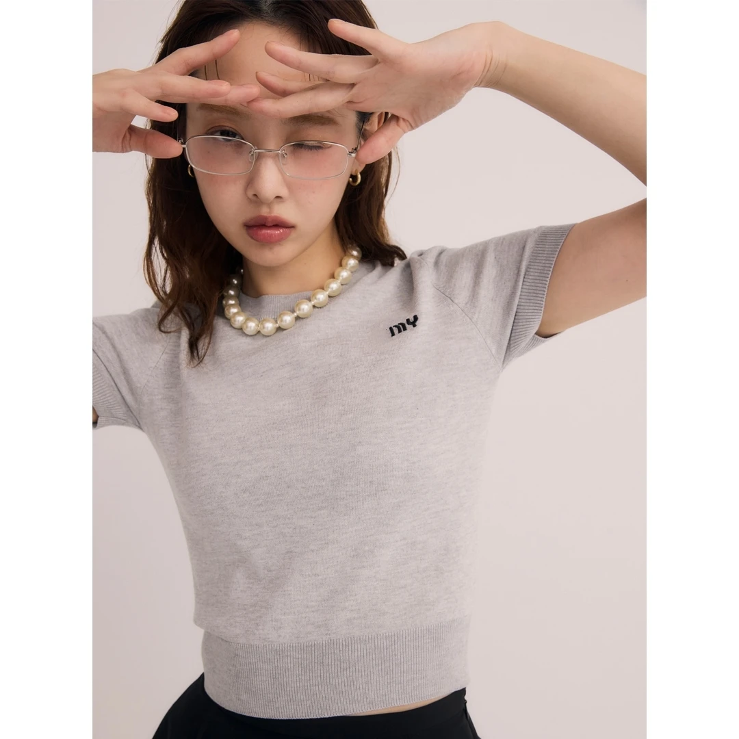 【表姐家】夏季新款 E 时尚字母刺绣舒适百搭简约半袖针织衫上衣