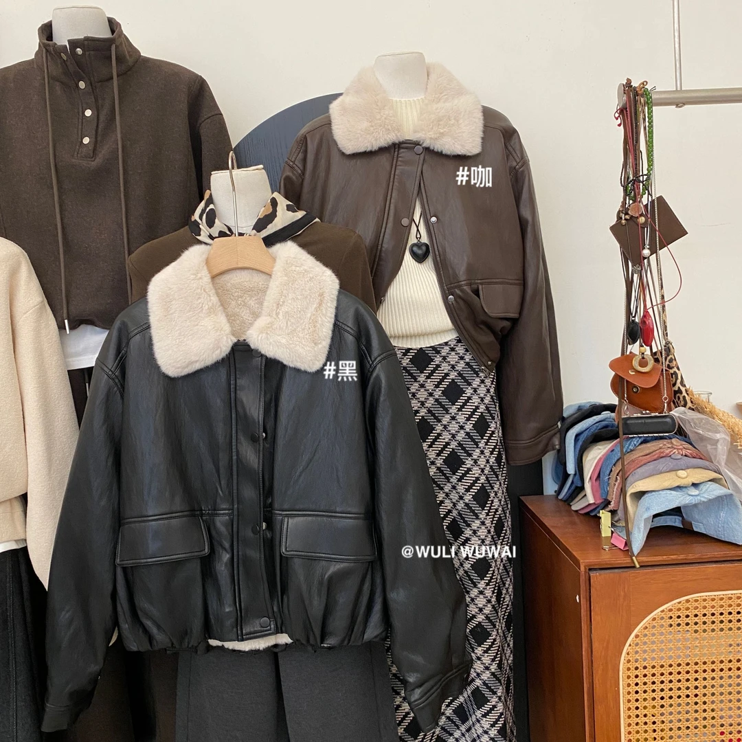 【NO退NO换】鑫燃KIKI 复古小众高级感毛毛领皮外套 69020 WU （F）