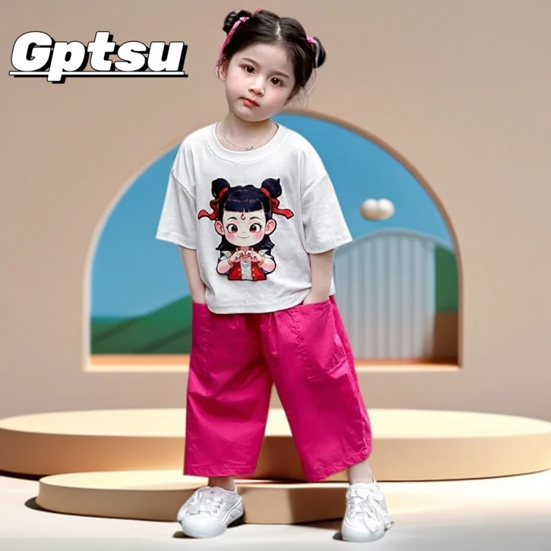 GPTSu夏季中大童五分裤女斜襟系带民族风套装休闲风童装印花卡通