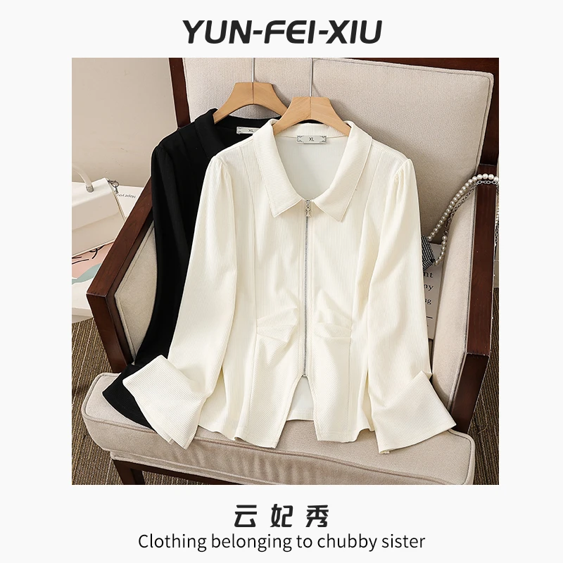 云妃秀大码女装T恤百搭简约拼接拉链开衫上衣微胖显瘦时尚春3001