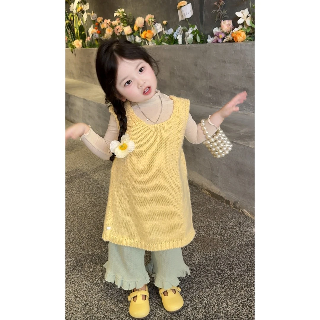 2025秋季新款女童韩版纯色毛衣连衣裙中小童宝宝针织裙甜美花边裤