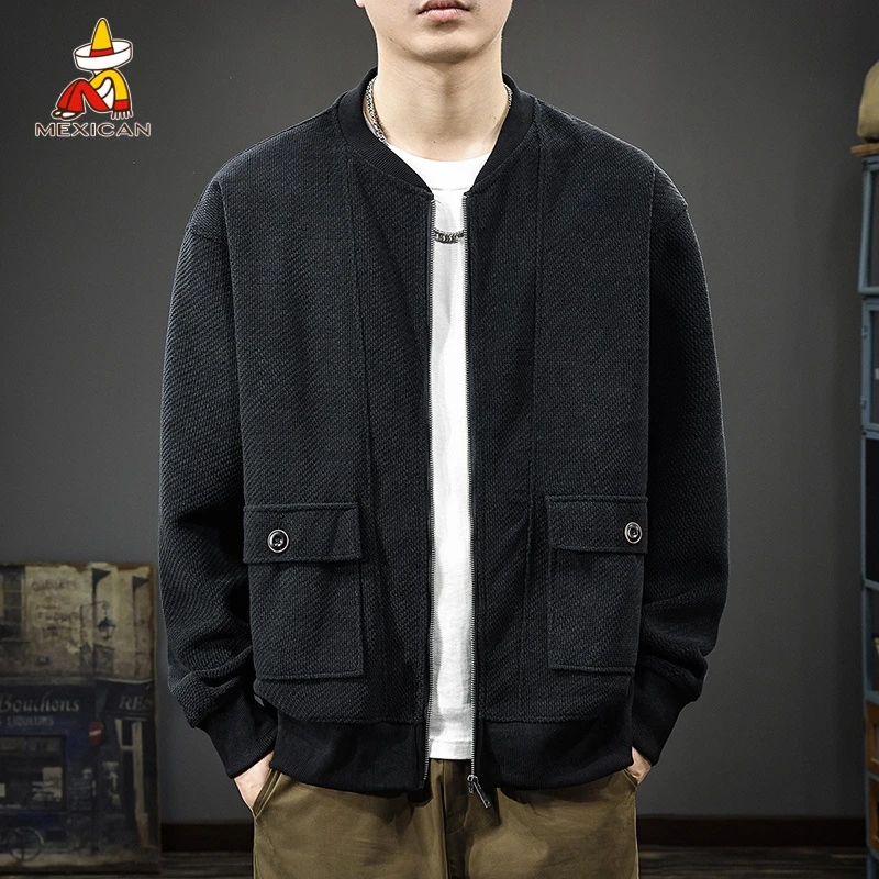Mexican/稻草人秋季欧棉绒开衫卫衣男款宽松休闲简约棒球领上衣潮