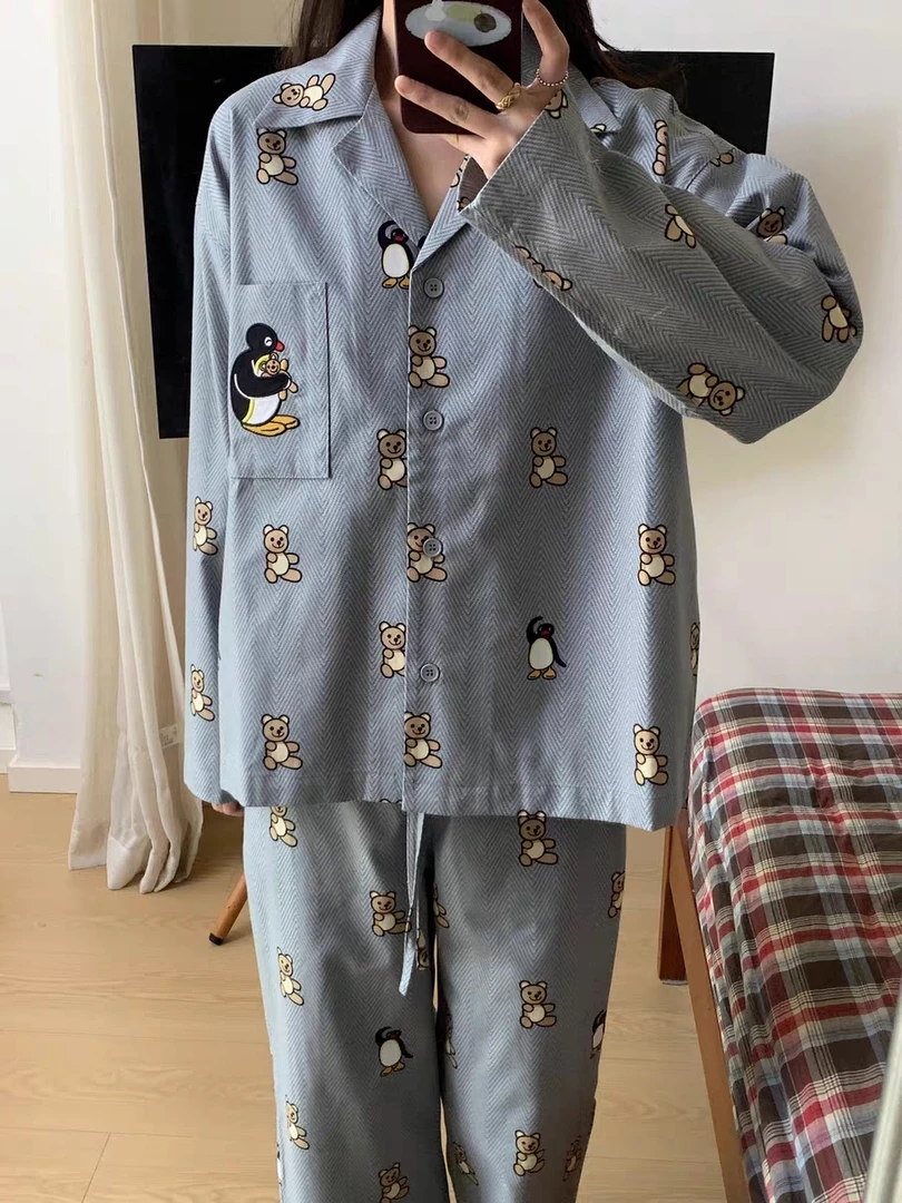 【企鹅熊】-秋冬男女潮牌可外薄棉质磨毛居家服睡衣套装