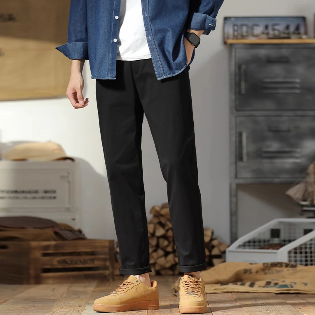轻熟风纯色男士透气纯棉休闲裤通勤百搭宽松直筒裤潮牌九分裤男装
