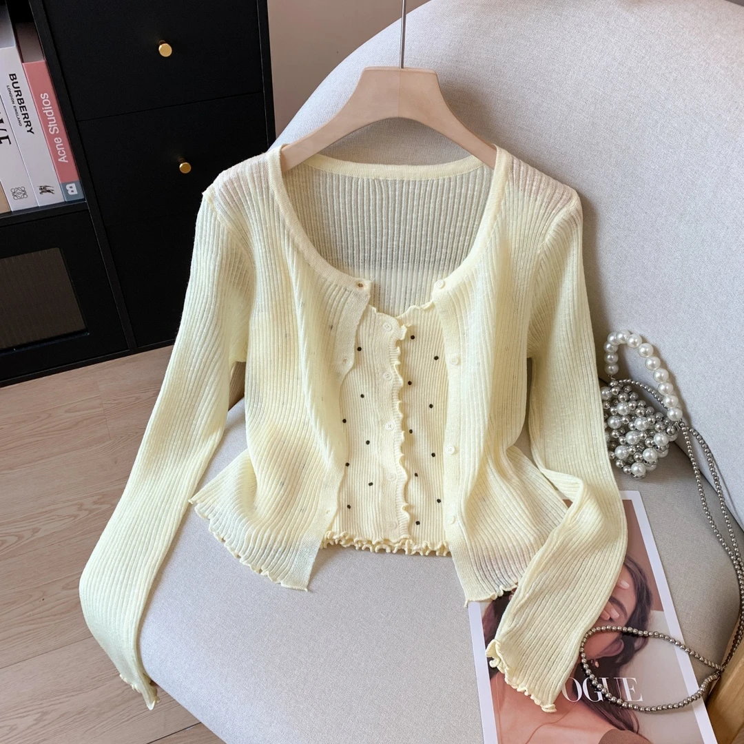 波点吊带背心长袖针织开衫两件套2025春夏季新款韩版时尚百搭上衣