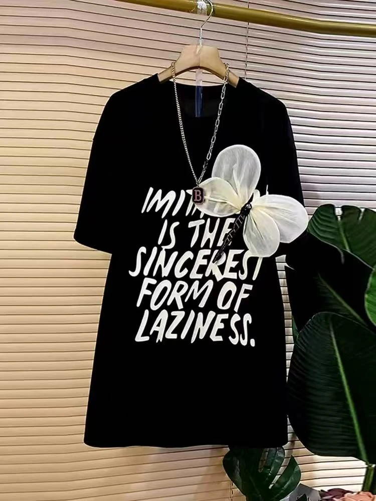 夏季欧货时尚立体设计感宽松大衫胖mm洋气字母显瘦大码女装潮2539