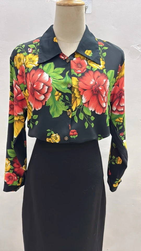 古着vintage春夏新款花色复古雪纺衬衫女