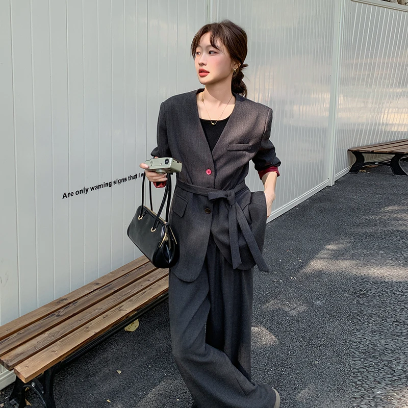 韩系气质V领西装阔腿裤两件套女2025春秋新款高级感时尚西服套装