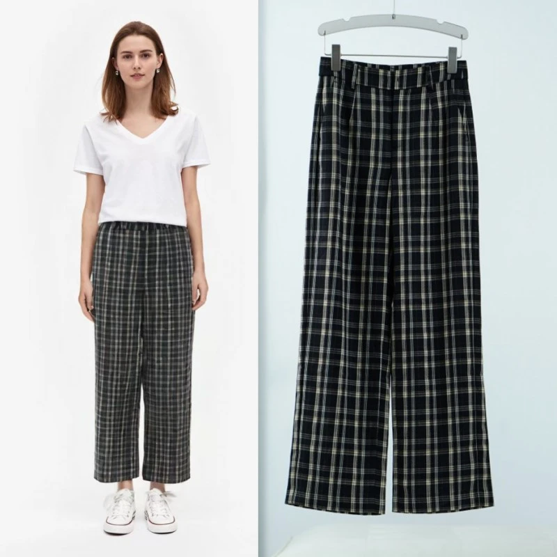 莉推荐【三C・伊】E211-5  简约格子阔腿裤黑色Y22410115K00