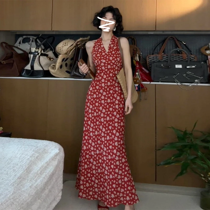 法式红色波点v领吊带无袖连衣裙女夏季显瘦海边度假掐腰长裙1353