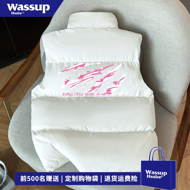 WASSUP HSUBE秋冬新款潮牌百搭坎肩外套男美式设计感印花立领马甲