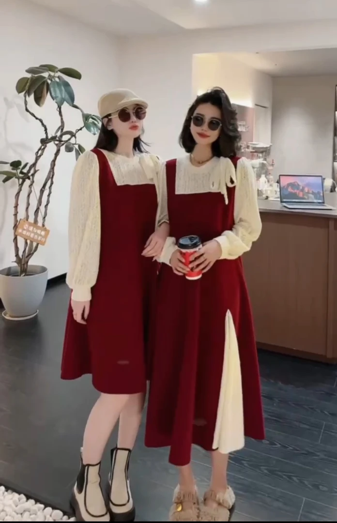 【晴儿家】新年款设计感芭蕾风拼接蕾丝蝴蝶结收腰显瘦假两件24068