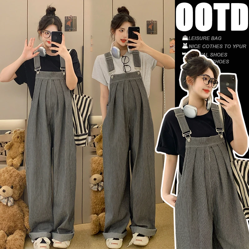 夏季新款孕妇装时尚韩版休闲宽松竖条背带连体裤百搭T恤上衣套装