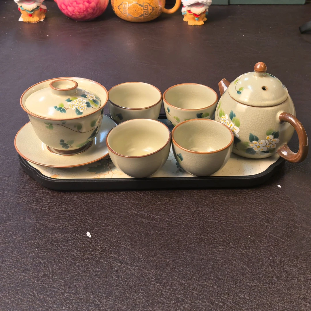 zh3990-汝窑山茶花龙蛋壶+山茶花三才盖碗+4个山茶花客杯+牡丹盘