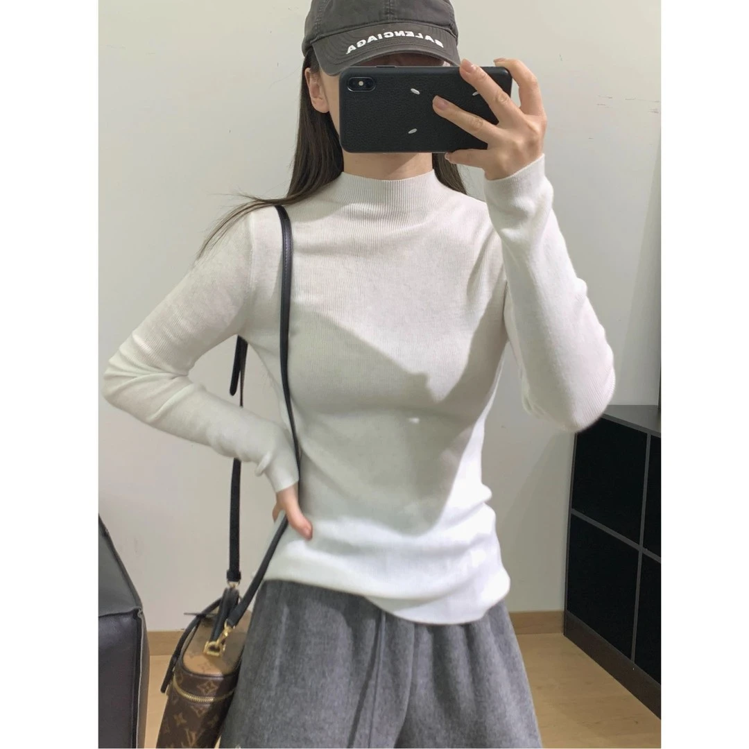 保暖极简风半高领修身弹力针织打底衫秋冬高级感软糯内搭毛衣上衣