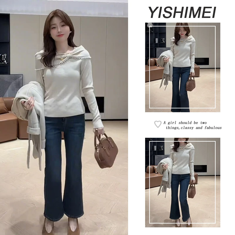 2025秋季时尚穿搭韩系温柔风百搭设计感长袖上衣高腰牛仔裤两件套