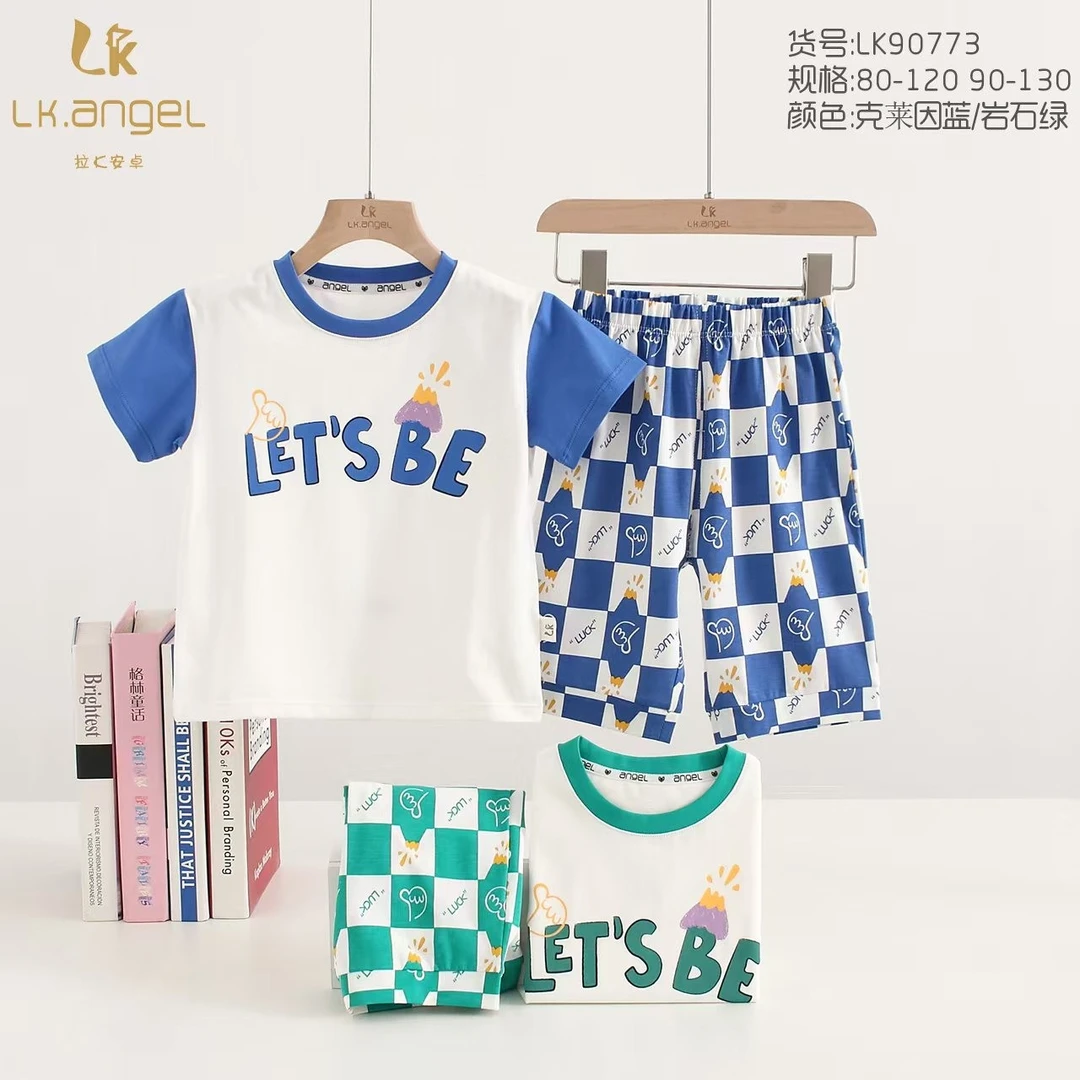 90773方格火山短袖套装（蓝色）