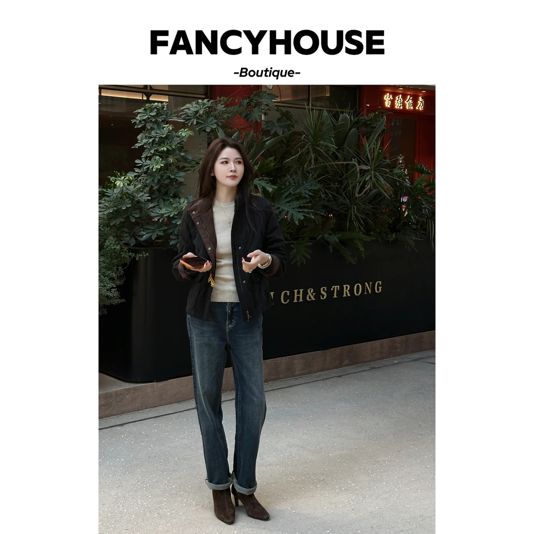 FANCY【冬临落雪】90白鸭绒女款翻领苎麻老钱风女款夹克外套zs1025
