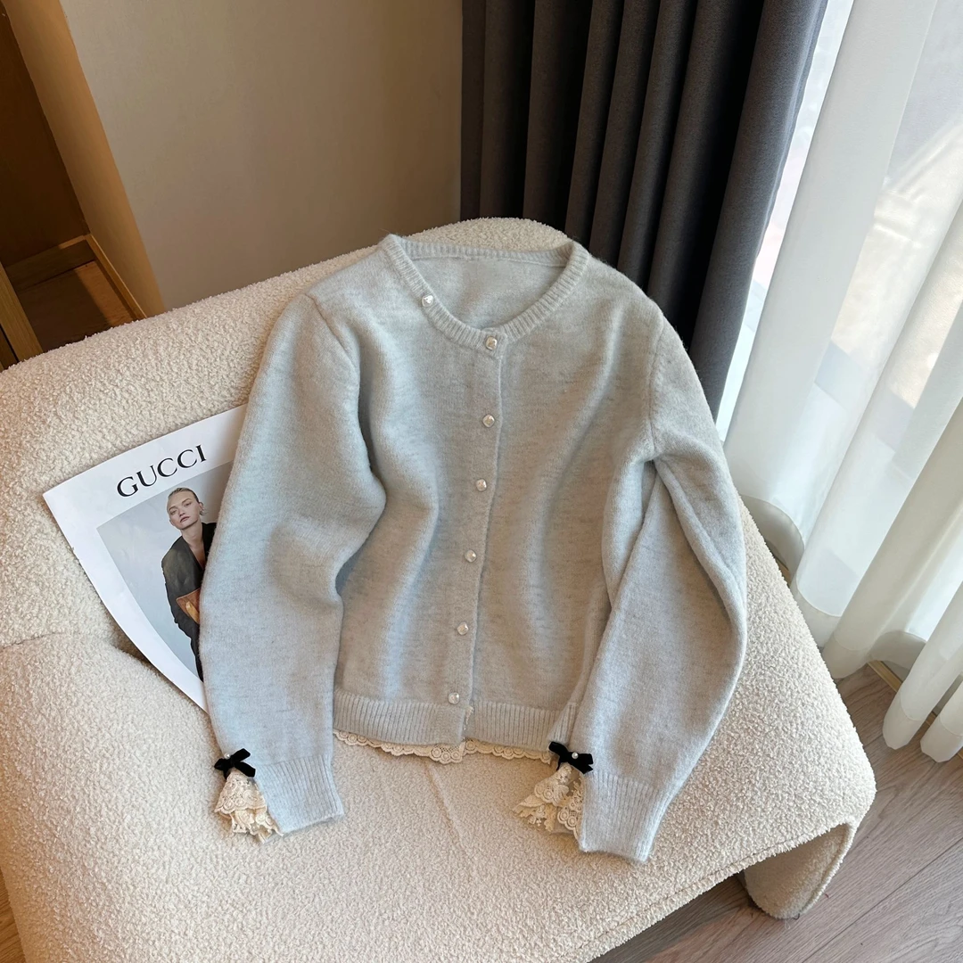 【婷婷推荐】7758 韩系袖口设计蕾丝边甜美软糯开衫毛衣纯色百搭