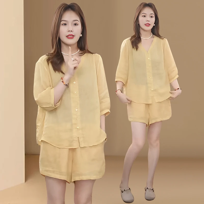 文艺复古纯色衬衫套装女士2025夏季时尚小个子洋气休闲百搭两件套