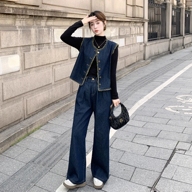 休闲时尚复古牛仔套装女2025春季爆款小香风气质显瘦阔腿裤三件套