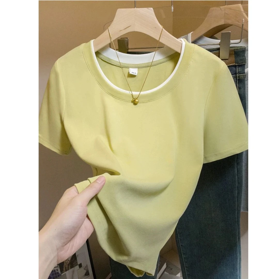 大码胖mm2025新款设计感修身别致上衣女遮肉显瘦假两件T恤