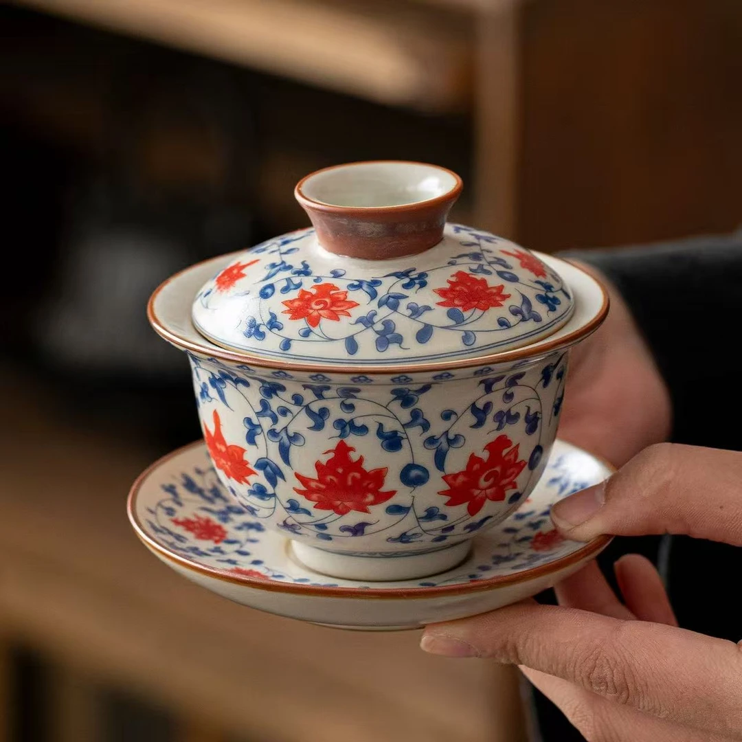 青花釉里红汝窑悬停旋转三才盖碗高档家用泡茶功夫茶具0702